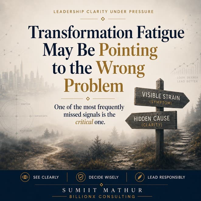 Professional leadership-themed visual featuring the headline “Transformation Fatigue May Be Pointing to the Wrong Problem” on an off-white background with navy and gold branding. A misty pathway leads toward a signpost contrasting “Visible Strain (Symptom)” with “Hidden Cause (Clarity)”, reinforcing the idea that transformation fatigue is often a symptom of deeper organisational clarity issues rather than the root problem itself.